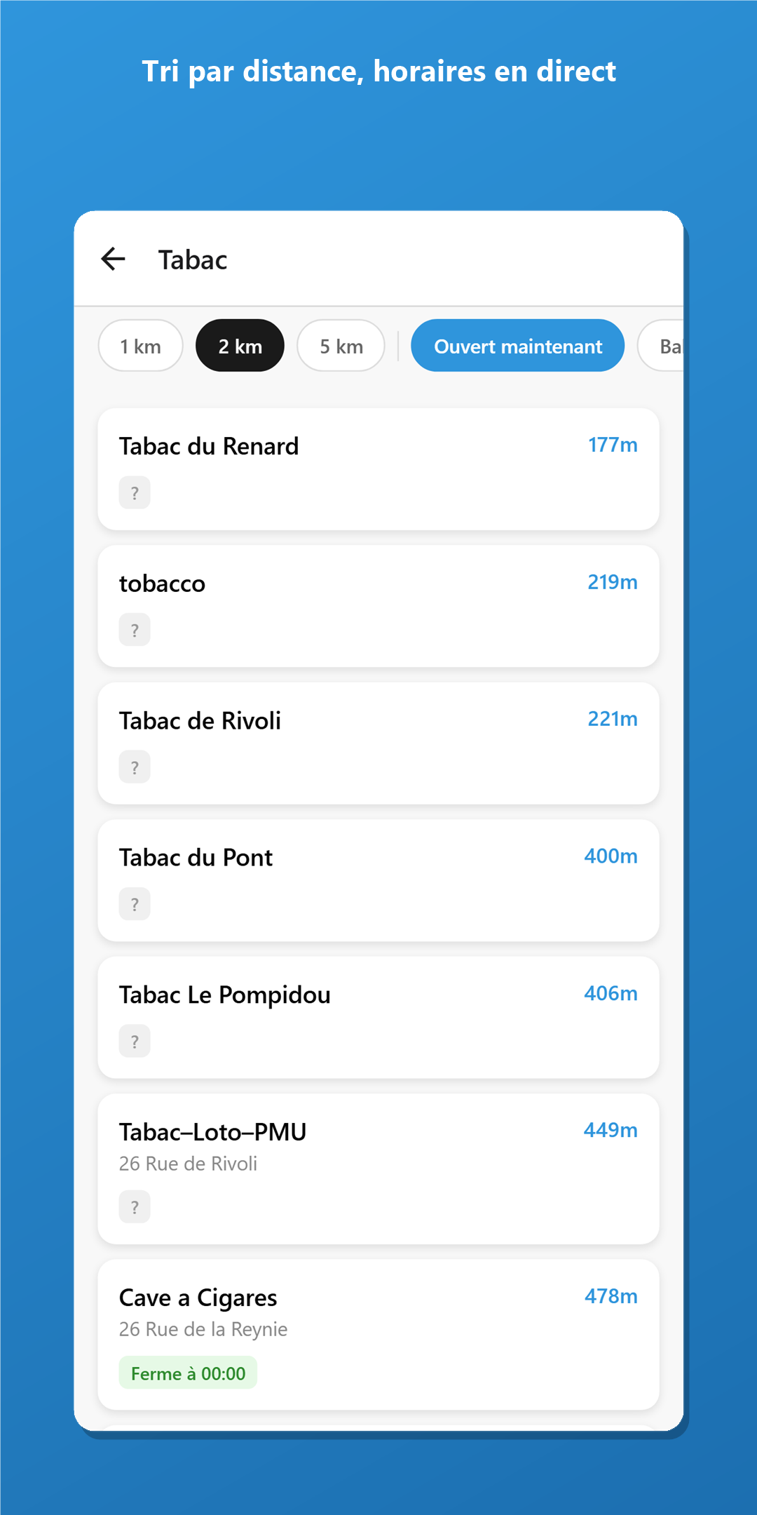 Liste des lieux triée par distance avec statut ouvert maintenant