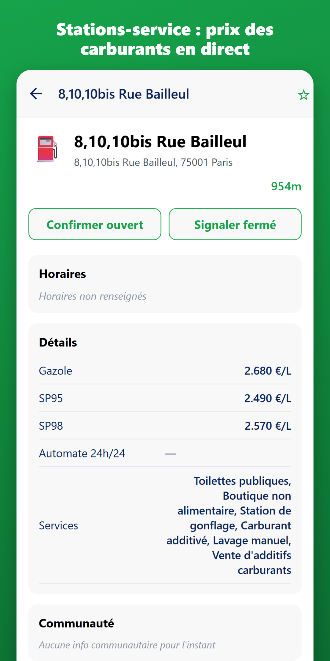 Fiche station-service — prix des carburants Gazole, SP95, SP98 en direct et services