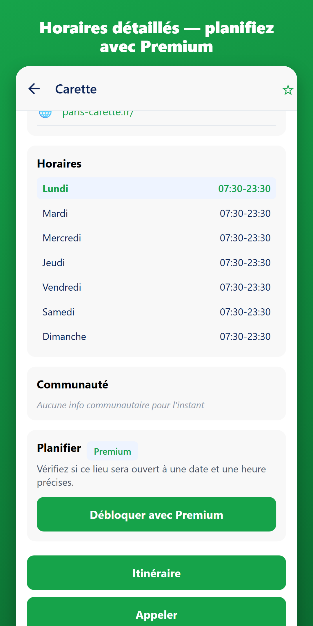 Horaires détaillés d'un lieu et planification d'une visite future avec MyOpenSpot Premium
